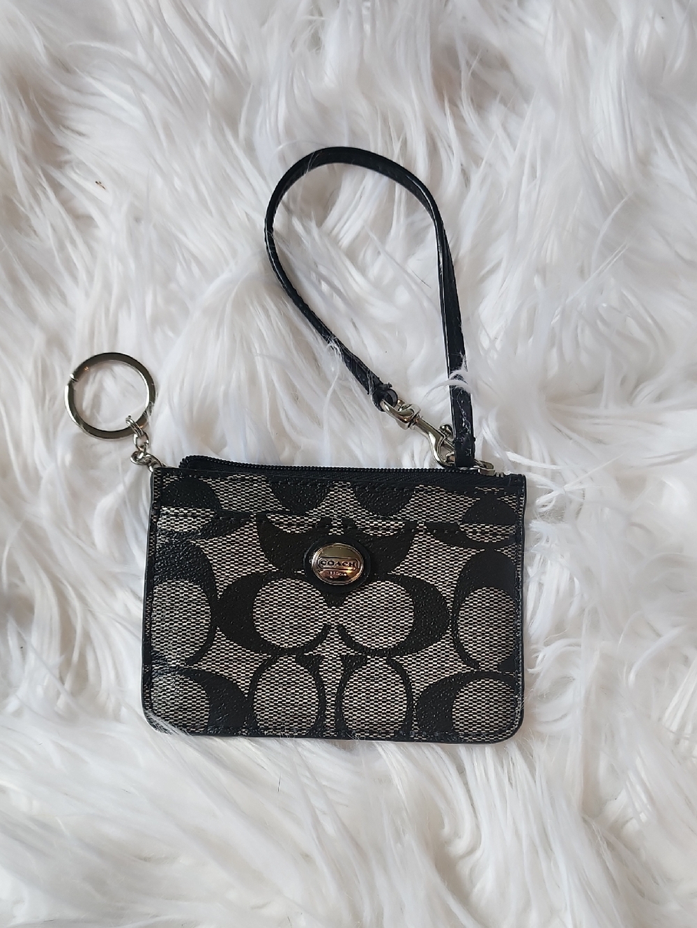 Coach Black and White Signature Wristlet Key Ring